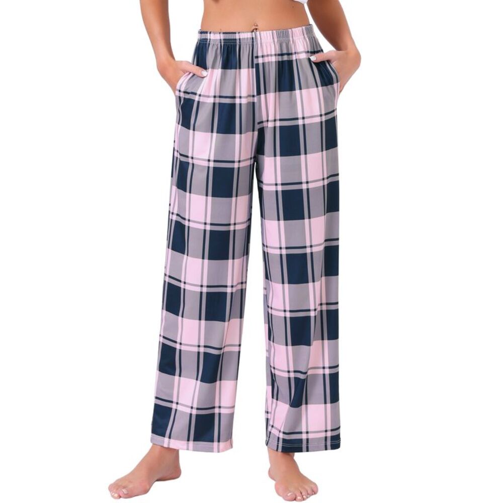 Women's Knit Wide Leg Elastic Waist Lounge Pajama Pants Pink Plaid
